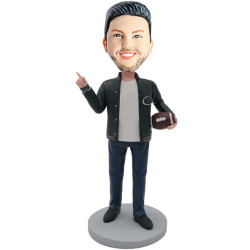 athletic male in black coat holding a football custom figure bobbleheads