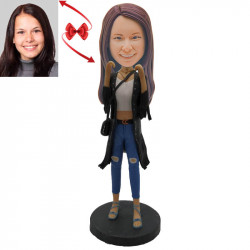 jeans lady wearing black coat custom bobblehead